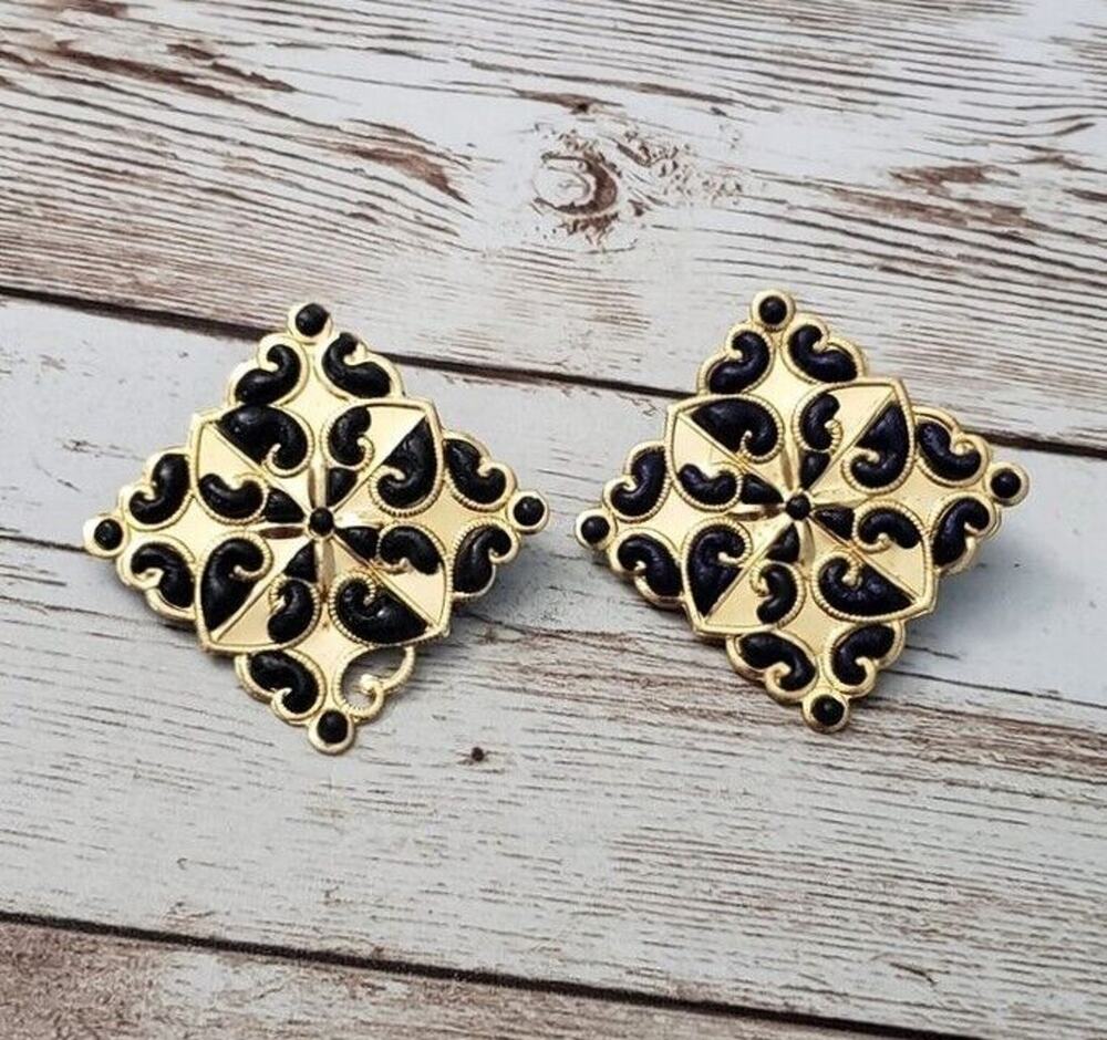 Vintage Clip On Earrings Unusual Gold Tone Cut Out Design Diamond Shape Large